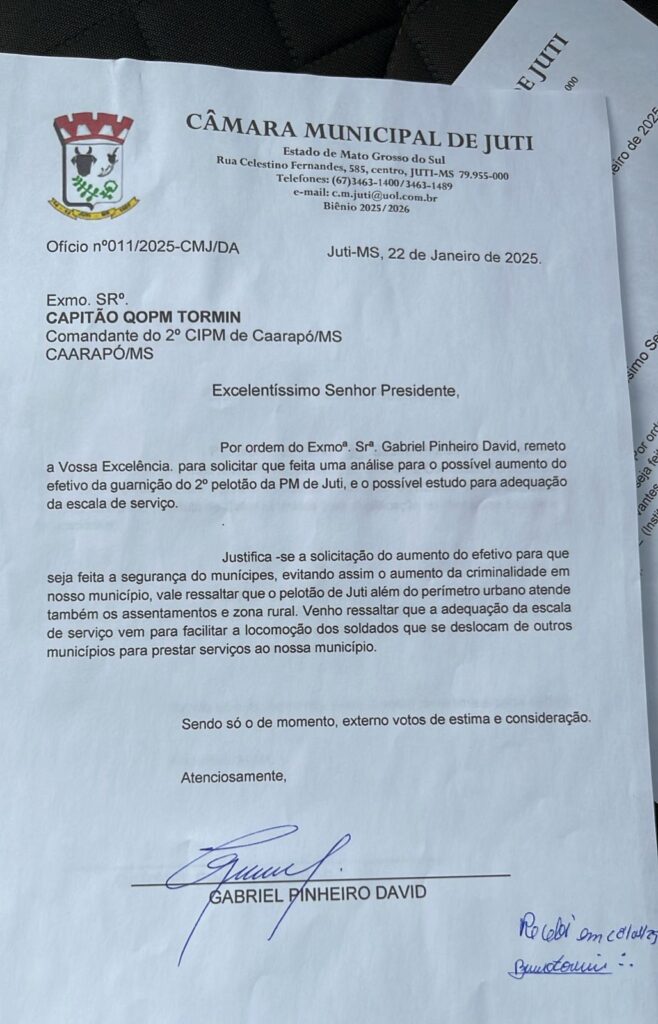 Vereador Gabriel David solicita aumento do efetivo da guarnição de Juti-MS Vereador Gabriel David solicita aumento do efetivo da guarnição de Juti-MS