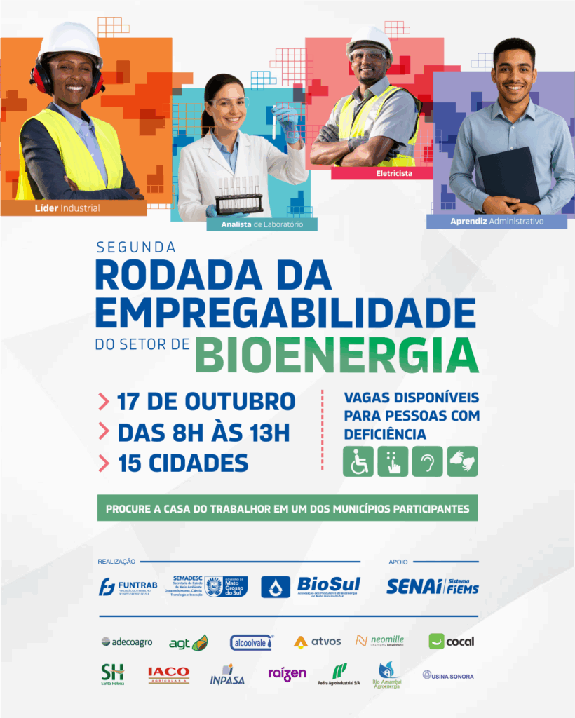 Funtrab e Biosul anunciam 2ª Rodada de Empregabilidade do Setor de Bioenergia com mais de 630 vagas em 15 municípios de MS Funtrab e Biosul anunciam 2ª Rodada de Empregabilidade do Setor de Bioenergia com mais de 630 vagas em 15 municípios de MS