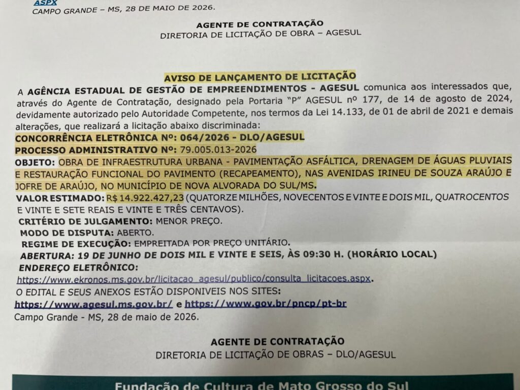 Nova Alvorada do Sul receberá mais de R$ 14,9 milhões em obras de recapeamento e infraestrutura urbana Nova Alvorada do Sul receberá mais de R$ 14,9 milhões em obras de recapeamento e infraestrutura urbana
