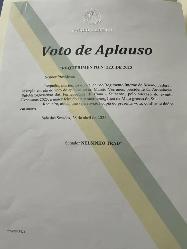 Presidente da Sulcanas é Homenageado com Moção de Aplausos pelo Senador Nelsinho Trad pelo Sucesso da Expocanas 2025 Presidente da Sulcanas é Homenageado com Moção de Aplausos pelo Senador Nelsinho Trad pelo Sucesso da Expocanas 2025