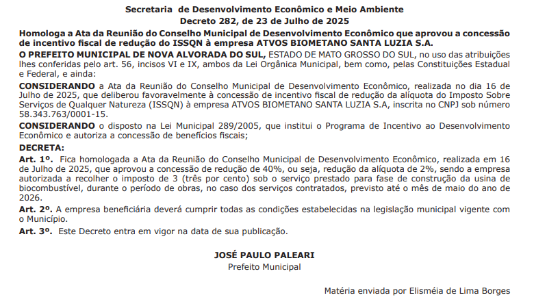 Prefeitura concede incentivos a Atvos para construção da maior usina de Biometano do mundo
